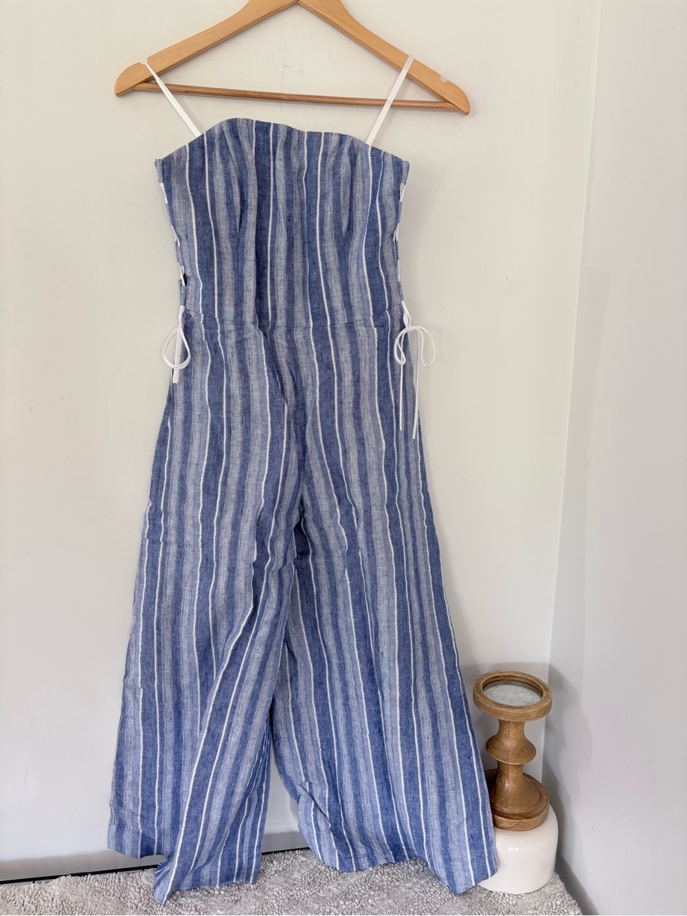 CLUB MONACO Sz 0 Allentin Jumpsuit Strapless Linen Blue Stripe Wide Crop Legs